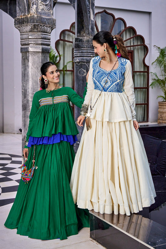 Designed for &nbsp;Pure Cotton, this graceful lehenga features intricate Kashida and gamthi Work on the top, paired with a charming matching Purse for a complete festive look.