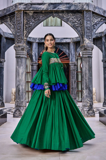 Designed for &nbsp;Pure Cotton, this graceful lehenga features intricate Kashida and gamthi Work on the top, paired with a charming matching Purse for a complete festive look.