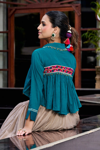 Designed for &nbsp;Pure Cotton, this graceful lehenga features intricate Kashida and gamthi Work on the top, paired with a charming matching Purse for a complete festive look.