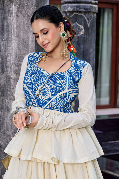 Designed for &nbsp;Pure Cotton, this graceful lehenga features intricate Kashida and gamthi Work on the top, paired with a charming matching Purse for a complete festive look.