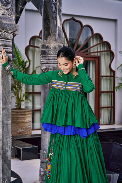 Designed for &nbsp;Pure Cotton, this graceful lehenga features intricate Kashida and gamthi Work on the top, paired with a charming matching Purse for a complete festive look.
