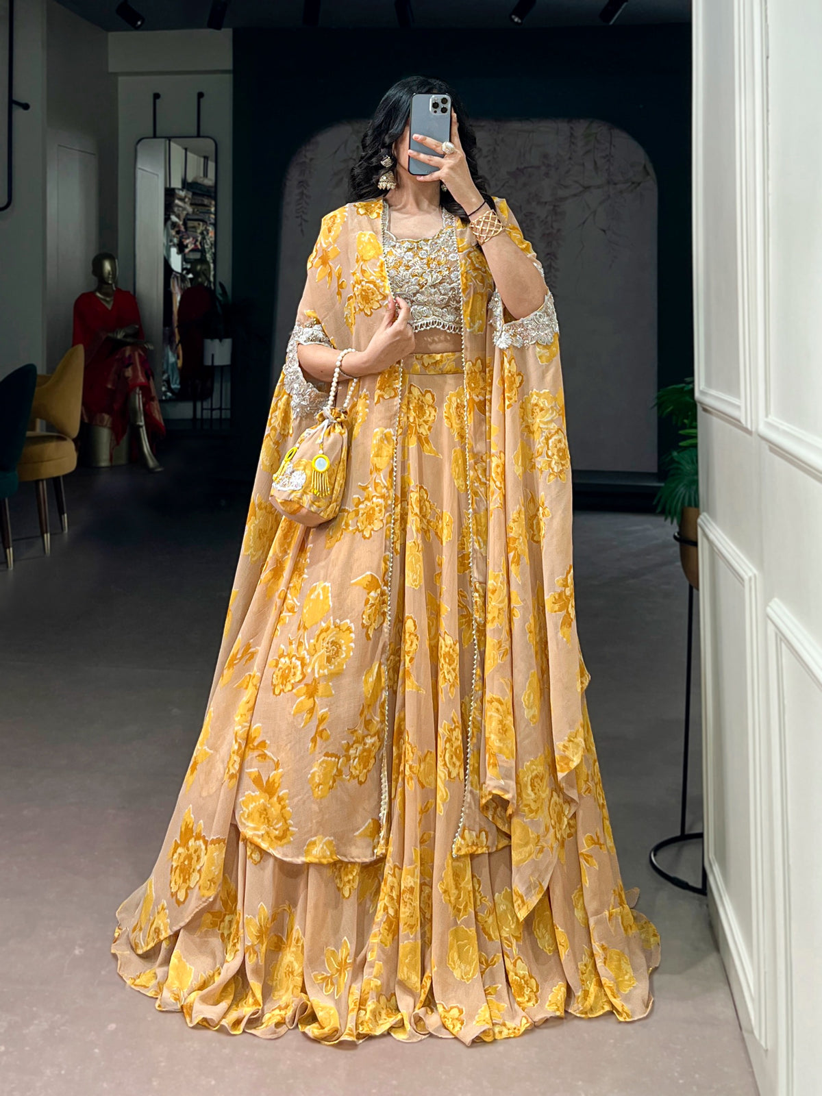 Fully Stitched Ready-to-Wear Set Fabric &amp; Embellishment : Georgette with intricate Thread Embroidery, Sequins &amp; Tube Beads Work.