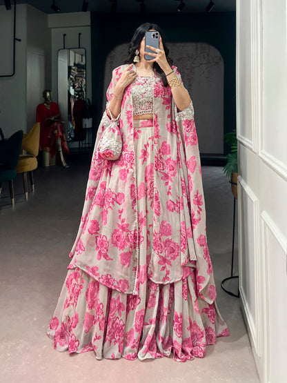 Fully Stitched Ready-to-Wear Set Fabric &amp; Embellishment : Georgette with intricate Thread Embroidery, Sequins &amp; Tube Beads Work.