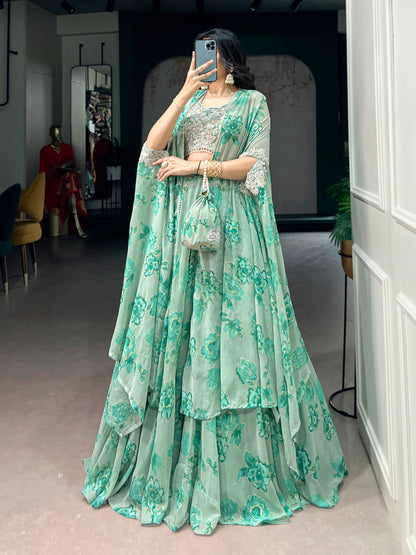 Fully Stitched Ready-to-Wear Set Fabric &amp; Embellishment : Georgette with intricate Thread Embroidery, Sequins &amp; Tube Beads Work.