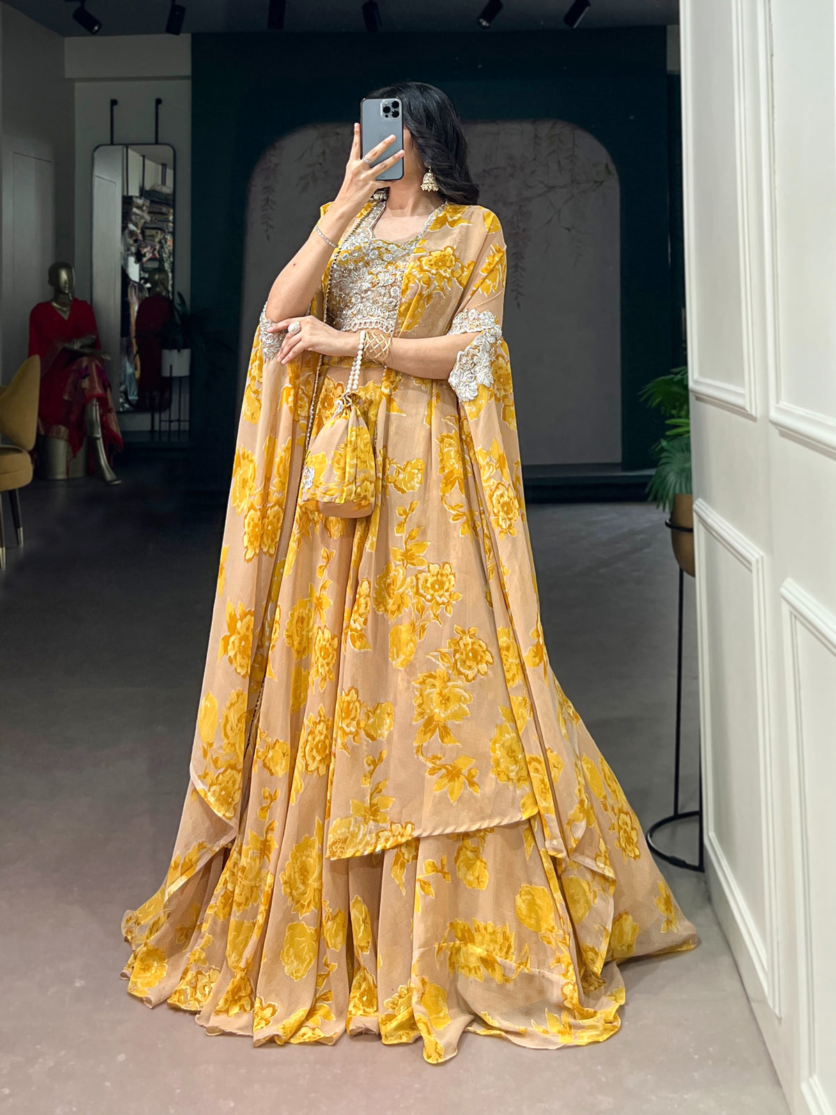 Fully Stitched Ready-to-Wear Set Fabric &amp; Embellishment : Georgette with intricate Thread Embroidery, Sequins &amp; Tube Beads Work.