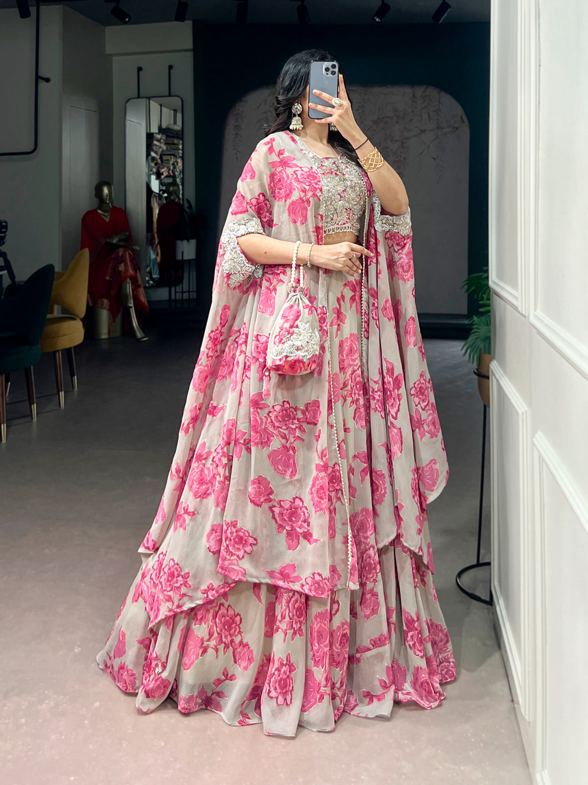 Fully Stitched Ready-to-Wear Set Fabric &amp; Embellishment : Georgette with intricate Thread Embroidery, Sequins &amp; Tube Beads Work.