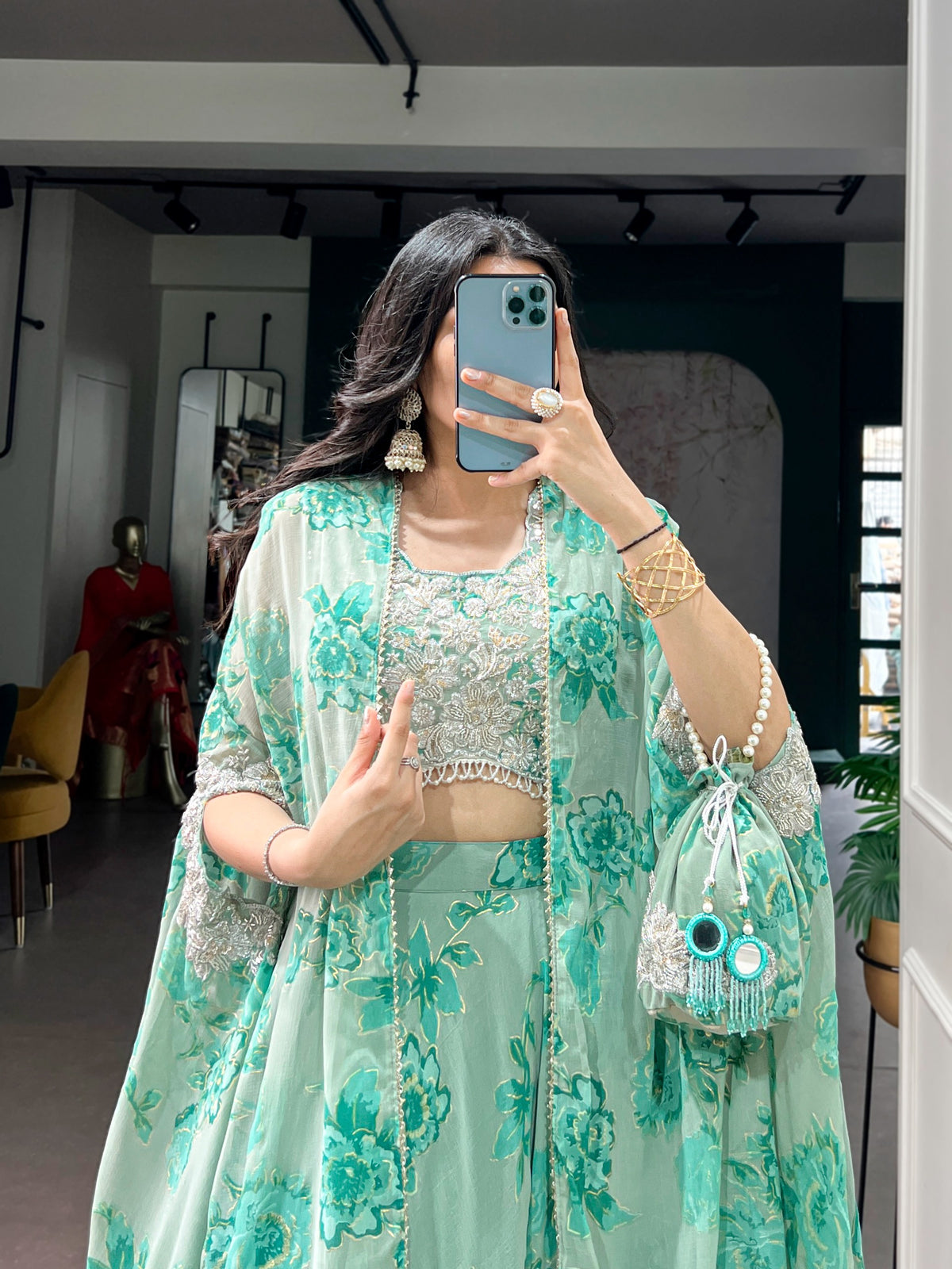Fully Stitched Ready-to-Wear Set Fabric &amp; Embellishment : Georgette with intricate Thread Embroidery, Sequins &amp; Tube Beads Work.