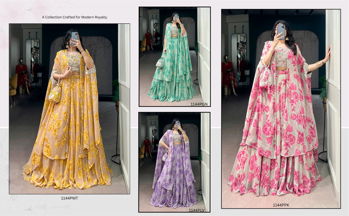 Fully Stitched Ready-to-Wear Set Fabric &amp; Embellishment : Georgette with intricate Thread Embroidery, Sequins &amp; Tube Beads Work.