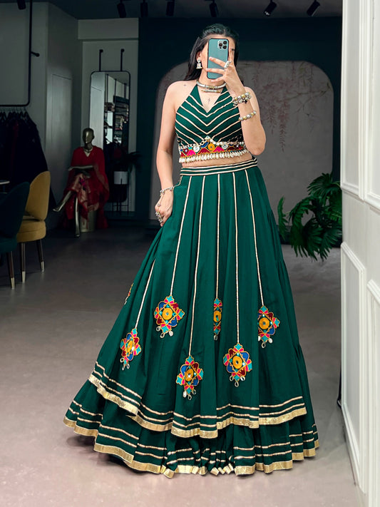 Lightweight fabric with vibrant Gamthi work, mirror detailing, Gotta Patti lace, and shell
