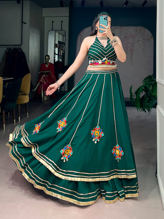 Lightweight fabric with vibrant Gamthi work, mirror detailing, Gotta Patti lace, and shell