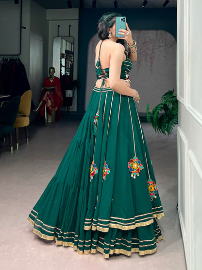 Lightweight fabric with vibrant Gamthi work, mirror detailing, Gotta Patti lace, and shell