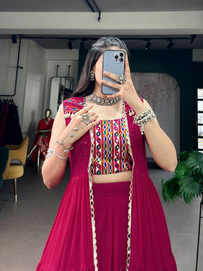Raas Rani Collection Comfort with this lightweight lehenga, highlighted by a handcrafted Gamthi blouse, Gotta Patti lace detailing, and a mirror-adorned long koti. &nbsp;