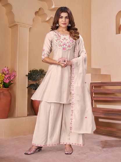 Grace your festive look with this beautiful Stitched Anarkali Kurti Palazzo Dupatta Set