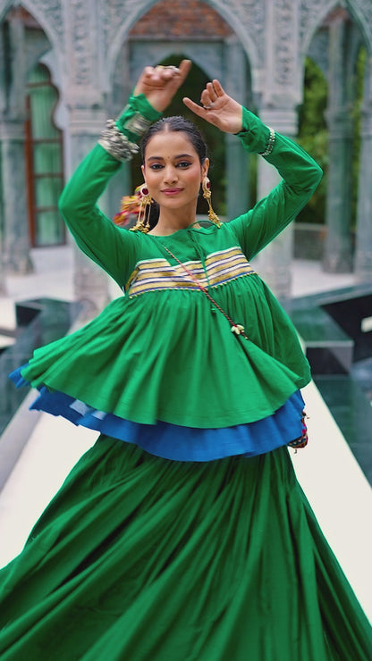Designed for &nbsp;Pure Cotton, this graceful lehenga features intricate Kashida and gamthi Work on the top, paired with a charming matching Purse for a complete festive look.